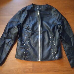 Colleen Lopez Black Faux Leather Criss Cross Whipstitch Moto Jacket XS HSN
